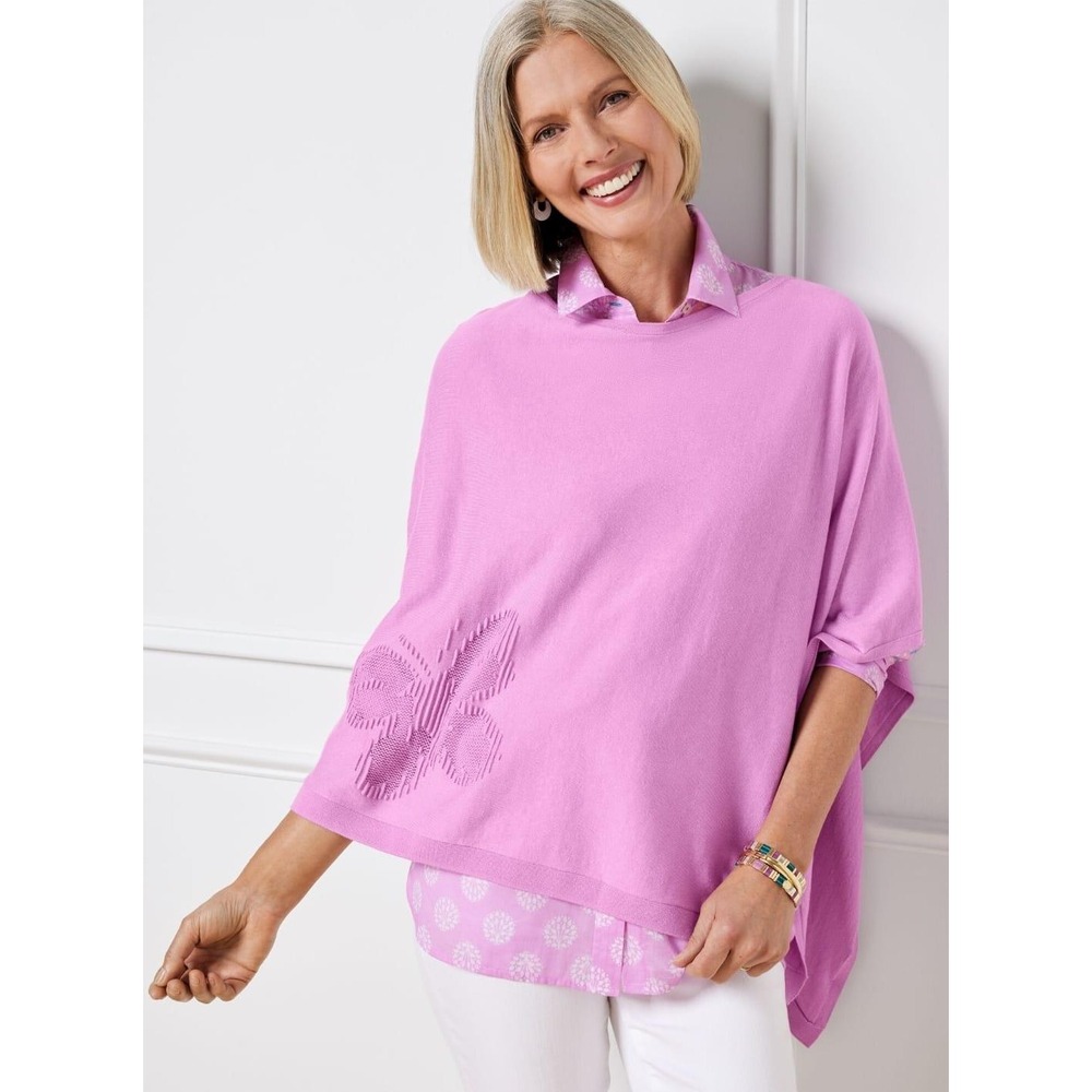 Talbots Womens Butterfly Applique Knit Poncho Sweater M L Lavender
